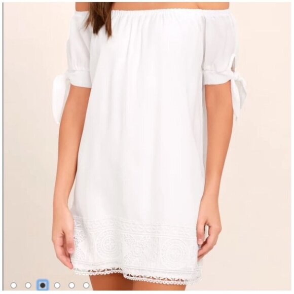 Lulus Size Medium White Off the Shoulder Shift Mini Dress Tie Sleeves Crochet La - Picture 1 of 10